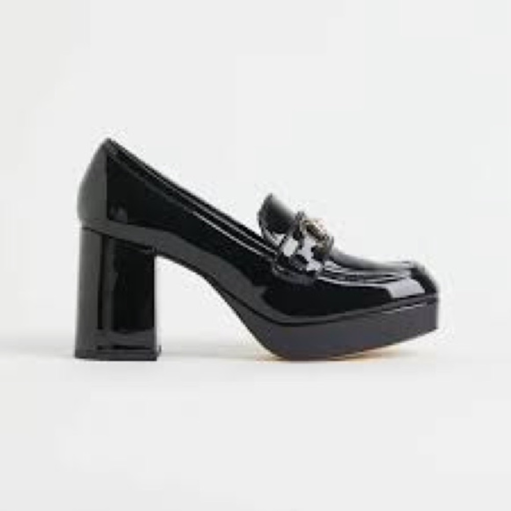 H&M Black Patent Leather Block Heel Loafers
